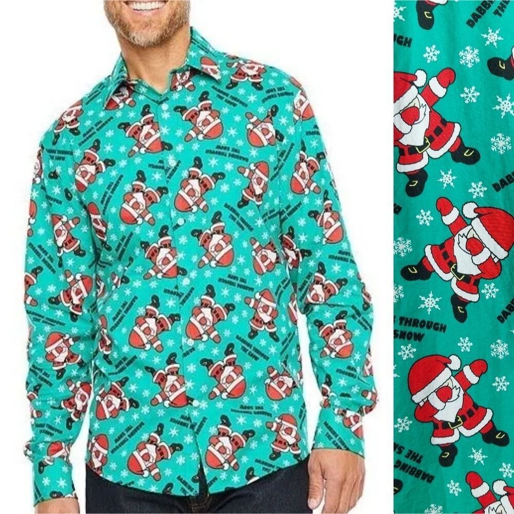 Green Dabbing Through the Snow Santa Claus long-sleeve button-down Shirt Small